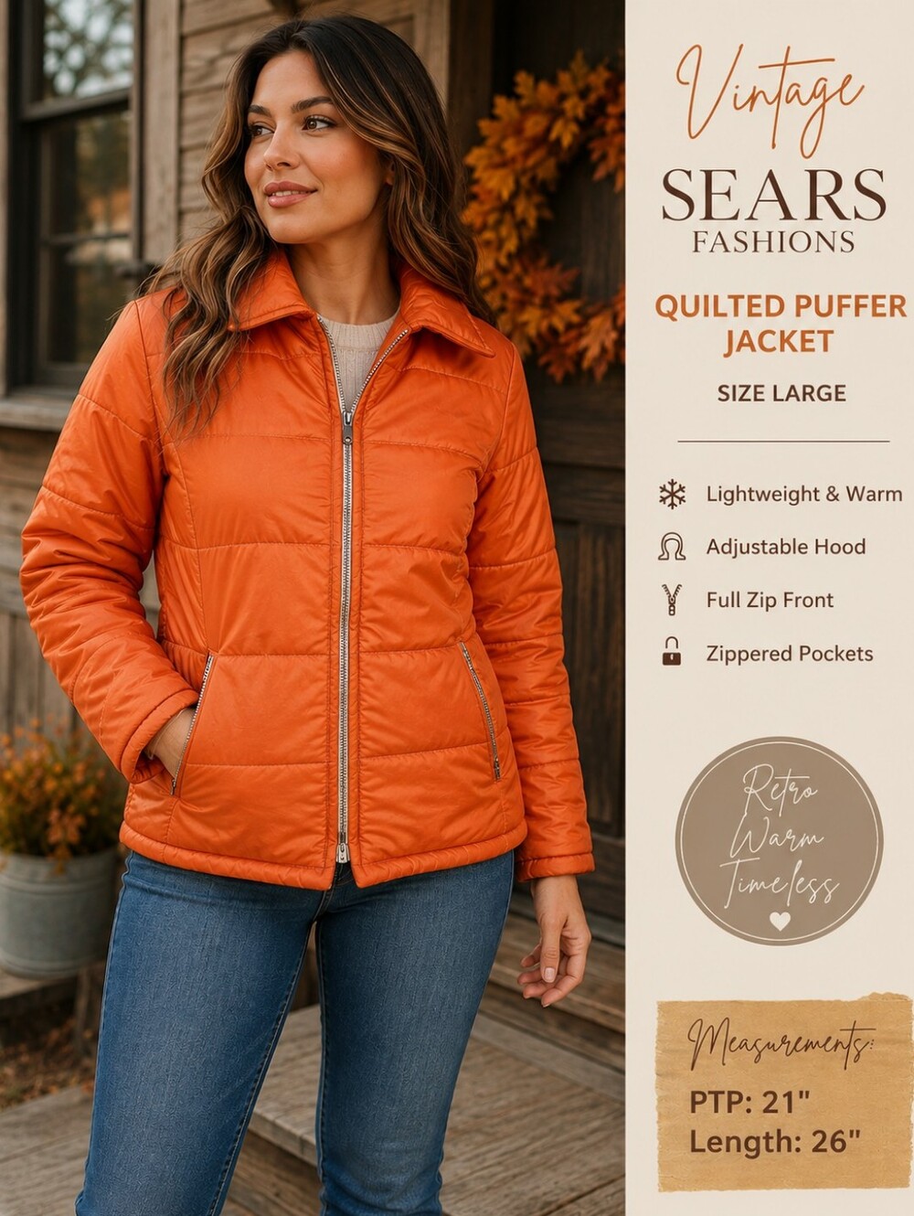 Vintage Sears Fashions Women’s Large Orange Quilted Puffer Jacket Hooded Retro